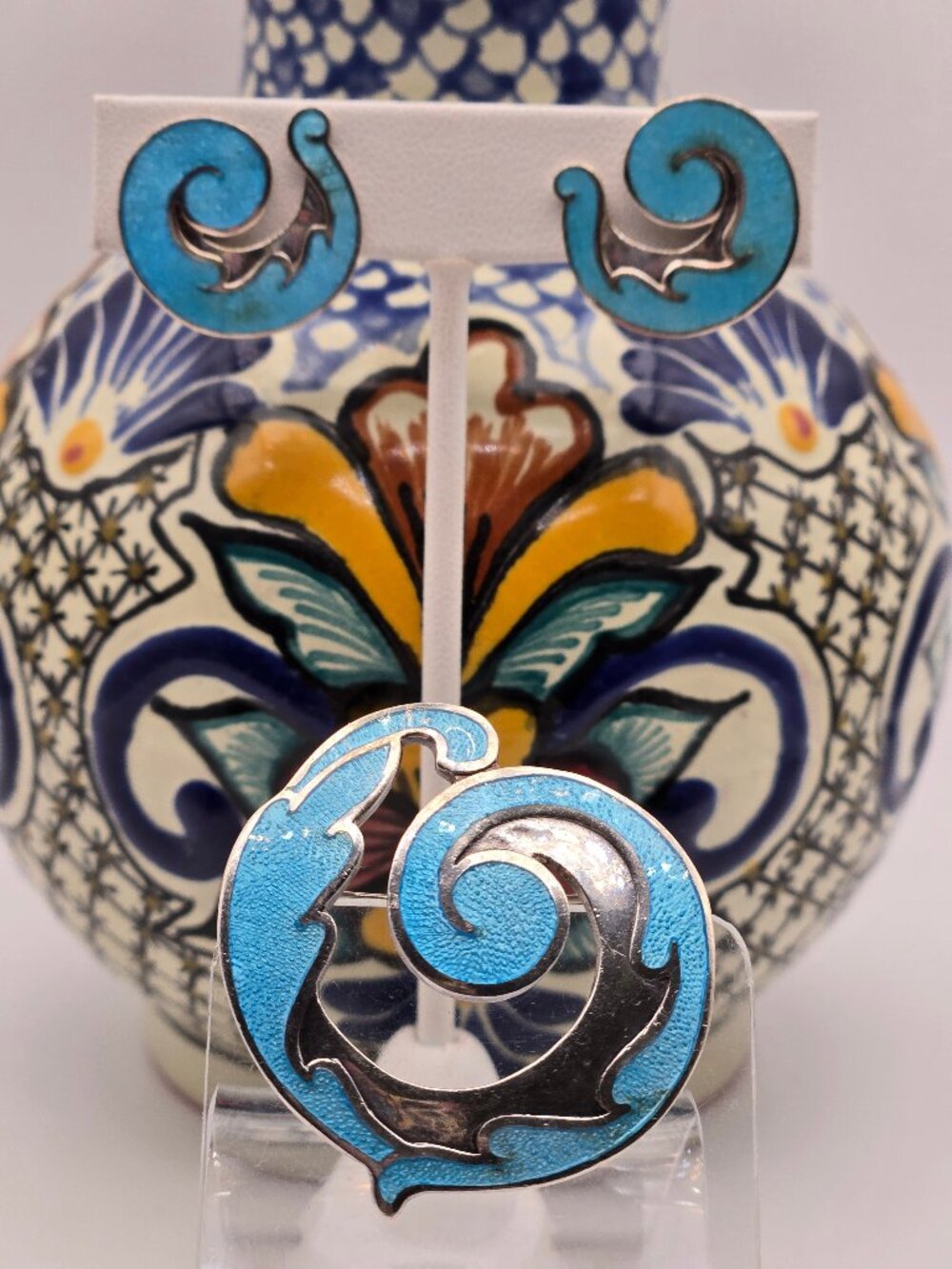 Vintage Margot de Taxco Enamel Swirl Brooch and Earring Set